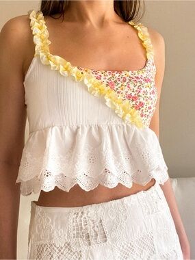 Handmade White and Yellow Floral Ruffle Peplum Crop Top